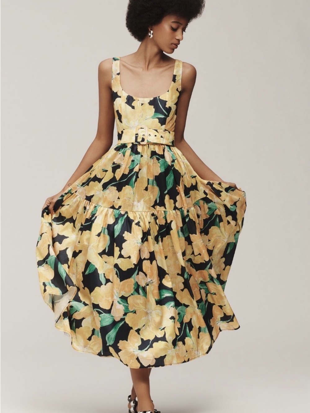 Hutch Yellow Floral Belted Midi Dress